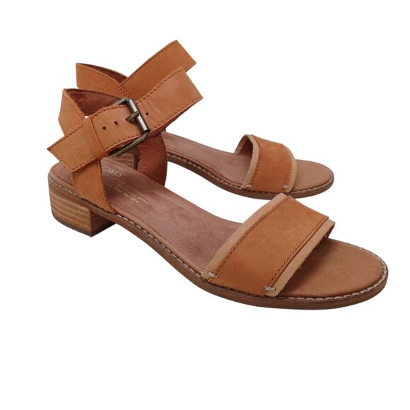 Toms Shoes Open Toe Sandal Heels Brown Sling Back Low Block Heel Womens 7 - Picture 1 of 14